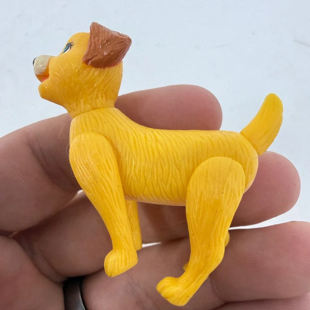 Vintage Yellow Puppy Dog Miniature Plastic Toy Figurine Blue Eyes Brown Ears